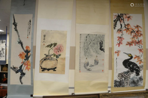 Four Oriental scrolls; watercolor bird in branch 49