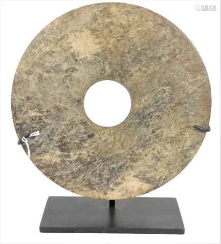 Large Chinese Neolithic Stone Bi Disc, carved gray