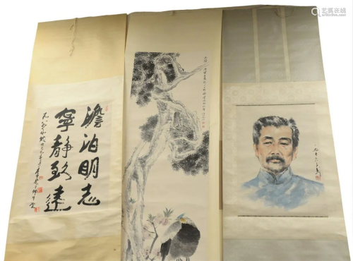 Three Oriental scrolls; watercolor bust of man 27