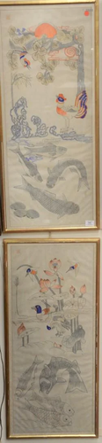 Two Korean Oil on Linen Wedding Scrolls, one with ducks