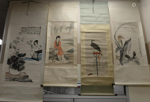 Four Oriental Scrolls to include watercolor bird on