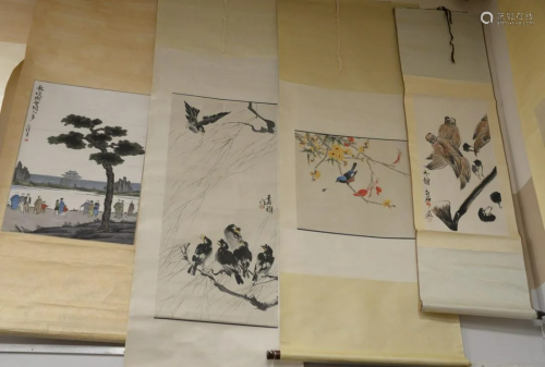 Six Oriental Scrolls to include watercolor Falcon tied