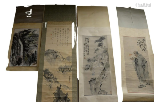 Group of four Oriental scrolls; watercolor on paper of