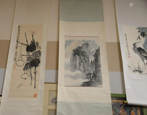 Five Oriental scroll watercolors; crane 27