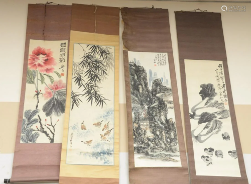 Four Oriental scrolls; watercolor of red flower 35