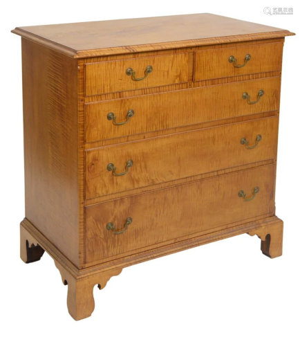 Custom Made Tiger Maple Chippendale Style Chest, having