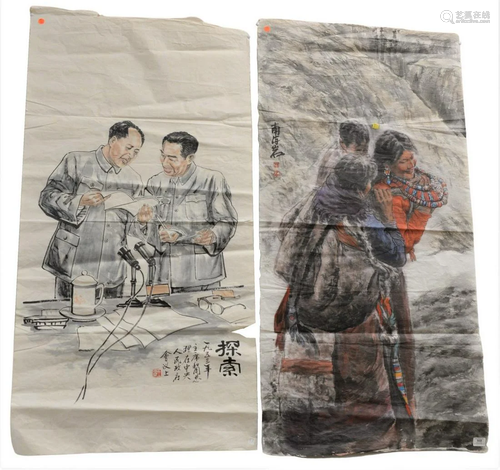 Two watercolor on tissue paper; three figures standing