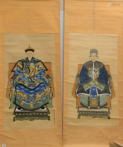 Pair of Oriental Ancestral Scrolls, watercolor on silk,