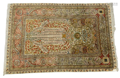Silk Oriental Prayer Rug with metal threading, 4' x 6'.