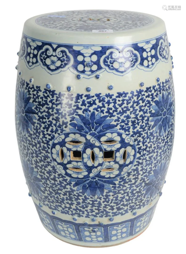 Chinese Blue and White Barrel Garden Seat with floral