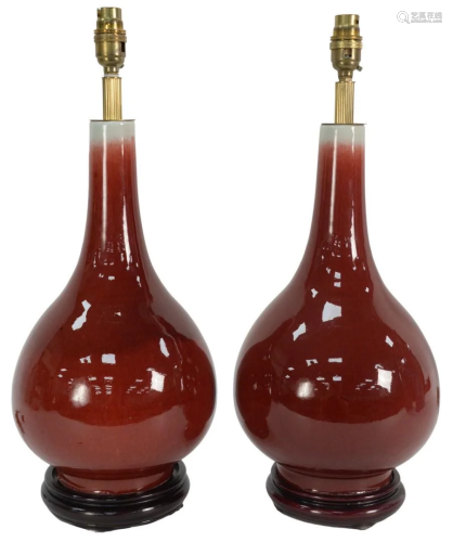Pair of Oxblood Vases on black wood bases drilled into