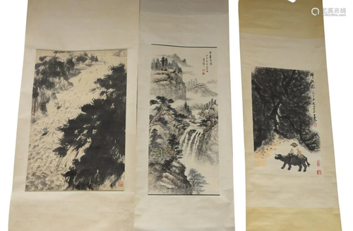 Three Oriental scrolls, watercolor of large river