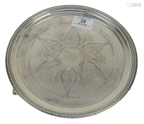 J.E. Caldwell Coin Silver Salver on three feet,