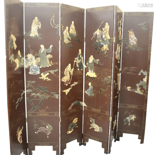 Six Fold Chinese Screen having stone and bone raised