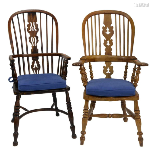 Two English Windsor Armchairs, on turned legs, 18th
