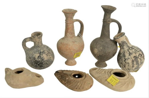 Group of Seven Ancient Clay Items to include three oil