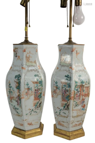 Pair of Famille Rose Hexagonal Vases mounted as lamps