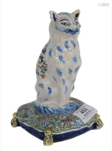 A Polychrome Dutch Delft Cat, seated position on a