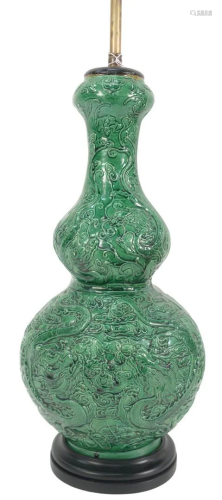 Green Glazed Chinese Double Gourd Dragon Vase/Lamp with