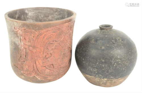 Two Glazed Pottery Vessels, to include black glazed jug