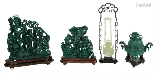Four Piece Carved Malachite Group to include a censer