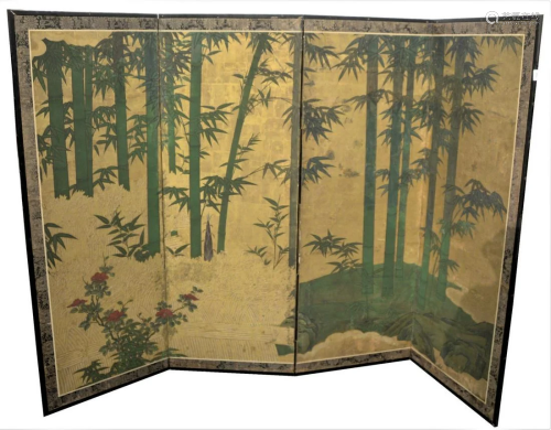 A Four-Fold Gold Leafed and Painted Paper Screen,