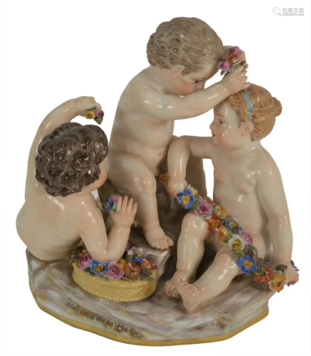 Meissen Figural Group having three puttis with flowers,