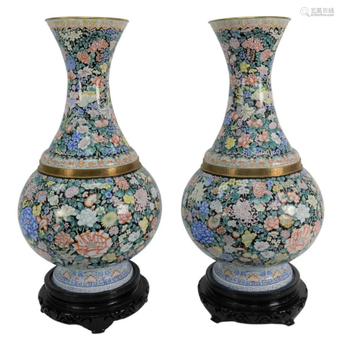 Pair of Monumental Enameled Vases having scrolling