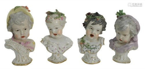 Set of Four Porcelain Baby Busts having matching bases,
