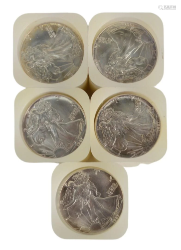 Five Rolls of Liberty Silver Dollars, one hundred 1987
