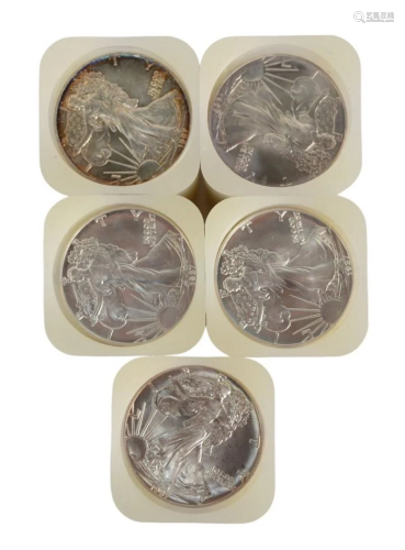 Five Rolls of Liberty Silver Dollars, one hundred 1987