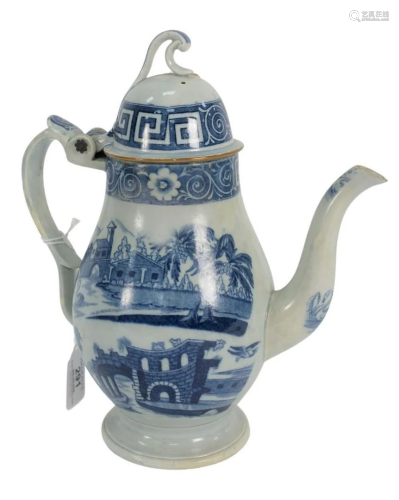 English Blue and White Covered Teapot, with unusual