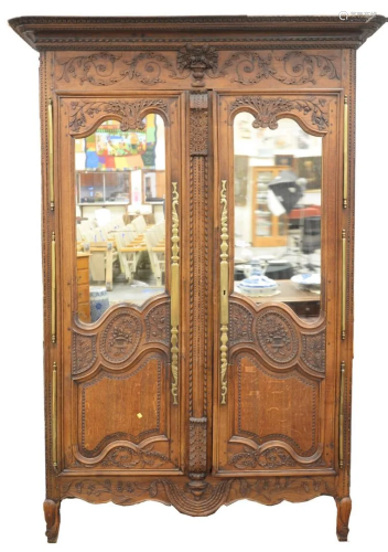 Louis XV Oak Armoire, top with 3D carved basket of