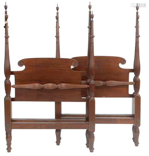 Pair of Custom Mahogany Twin Four Tall Post Beds, with