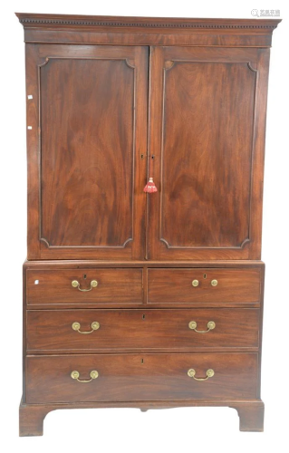 George III Mahogany Linen Press in three parts having