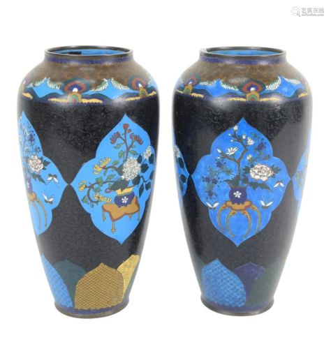 Pair of Chinese Cloisonne Vases, with wide mouth