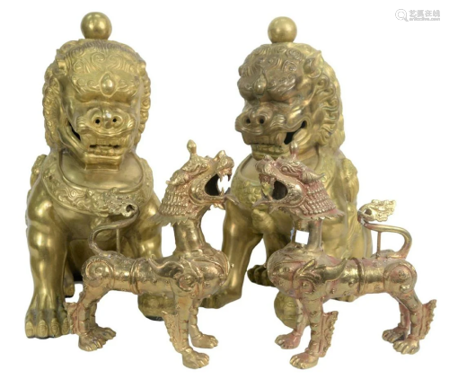 Two Pairs of Brass Foo Dogs to include a pair of large