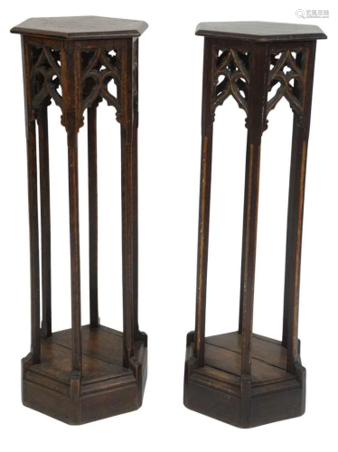 Pair of Gothic Style Oak Pedestals, with six sided top