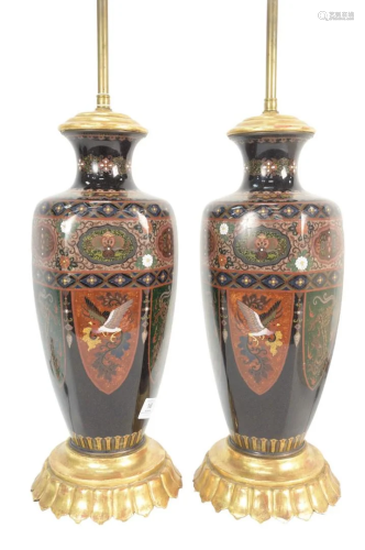Pair of Large Cloisonne Hexagonal Vases having shield