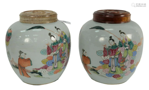 Pair of Covered Chinese Famille Rose Ginger jars, with