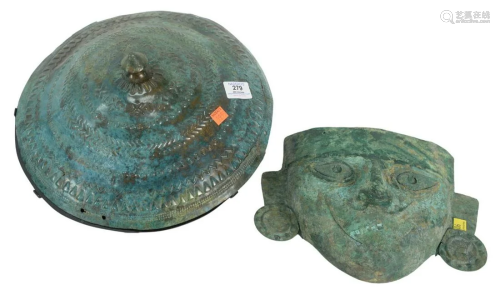 Two Metal Mayan-Style Items to include a face mask,