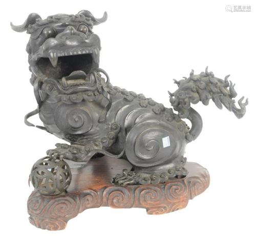 Large Chinese Bronze Foo Lion or Dog Censor on carved