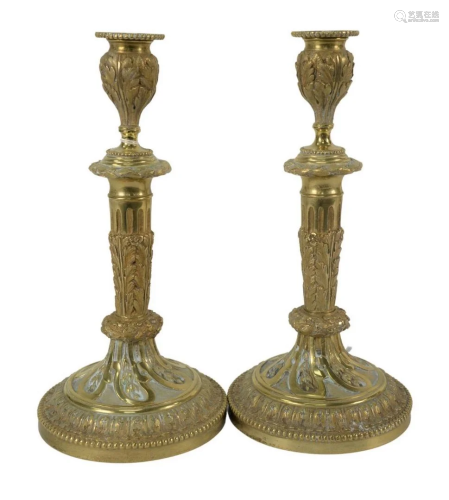 Pair of Louis XVI Style Gilt Candlesticks, foliate cast