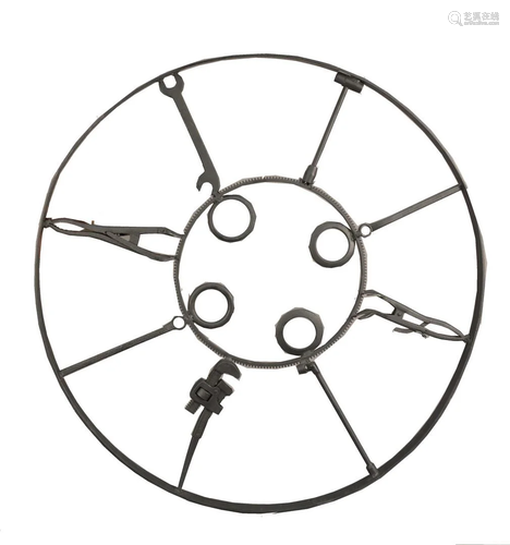 Rodney Rosebrook, folk art metal farm tool wheel, circa