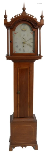 Federal Cherry Tall Case Clock having arched hood and