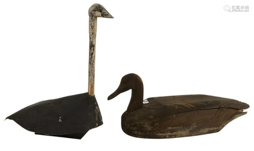 Two Carved Decoys to include carved wooden Canada goose