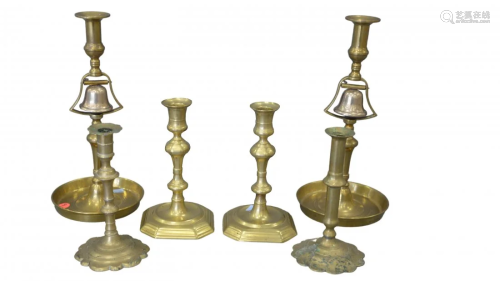 Three Pairs of Brass Candlesticks to include, two Queen