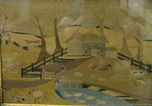 Woolwork farmyard with animals, pond, house and fox