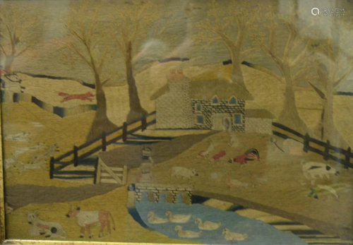 Woolwork farmyard with animals, pond, house and fox