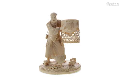 A JAPANESE IVORY CARVING OF A MAN CATCHING CHICKENS